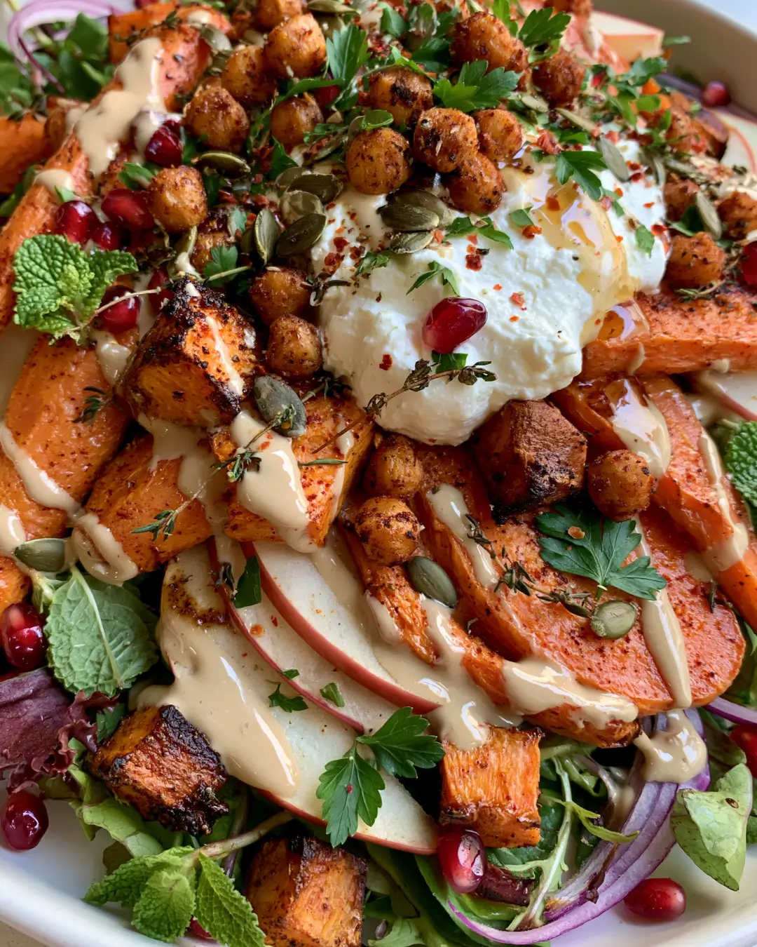 Roasted Carrot & Sweet Potato Salad with Whipped Feta, Crispy Chickpeas, Apple & Hot Honey Tahini