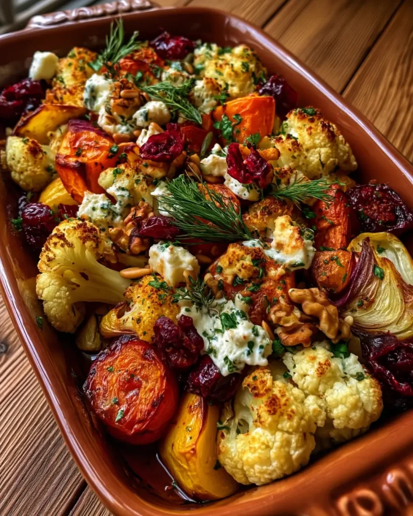 Roasted Cauliflower & Root Vegetable Bake with Feta, Cranberries & Fresh Herbs
