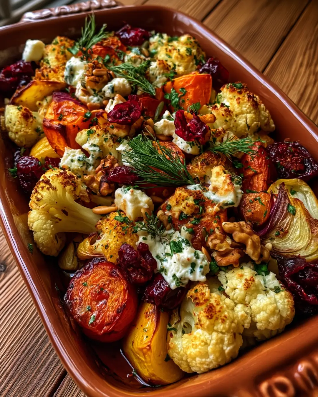 Roasted Cauliflower & Root Vegetable Bake with Feta, Cranberries & Fresh Herbs