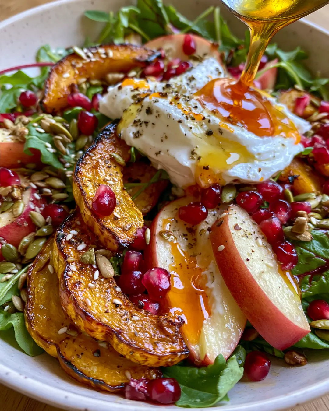Roasted Delicata Squash & Apple Salad with Burrata, Pomegranate, Pepitas & Hot Honey