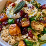 Roasted Pumpkin & Brussels Sprouts Risotto with Burrata, Cranberries & Crispy Sage