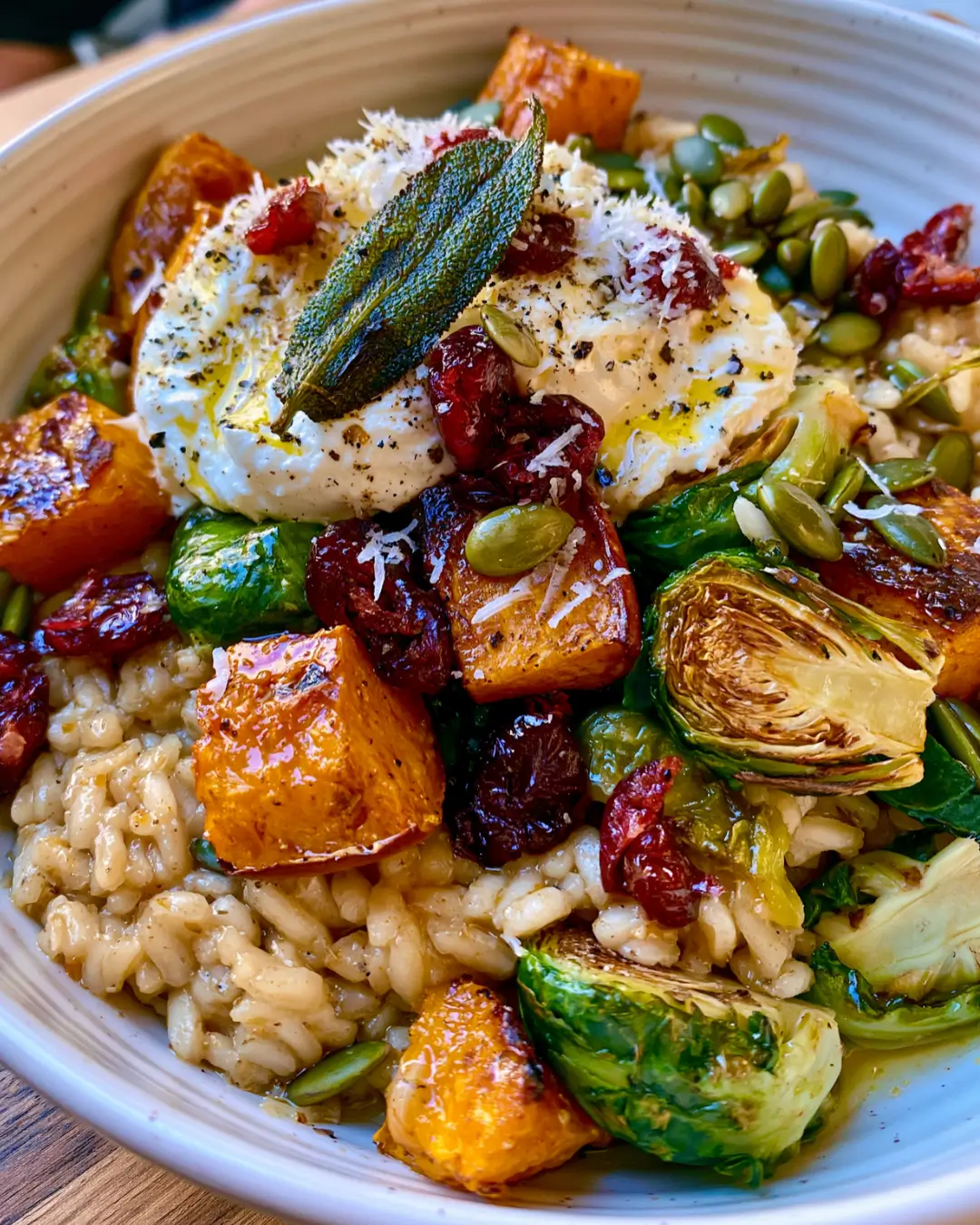 Roasted Pumpkin & Brussels Sprouts Risotto with Burrata, Cranberries & Crispy Sage