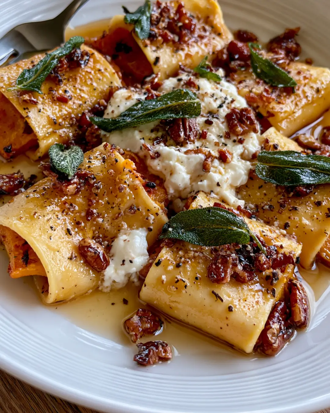 Roasted Pumpkin Pasta Roll-Ups with Burrata, Crispy Sage, Candied Pecans & Hot Honey