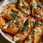 Roasted Pumpkin Stuffed Shells with Whipped Ricotta, Burrata, Crispy Sage & Hot Honey