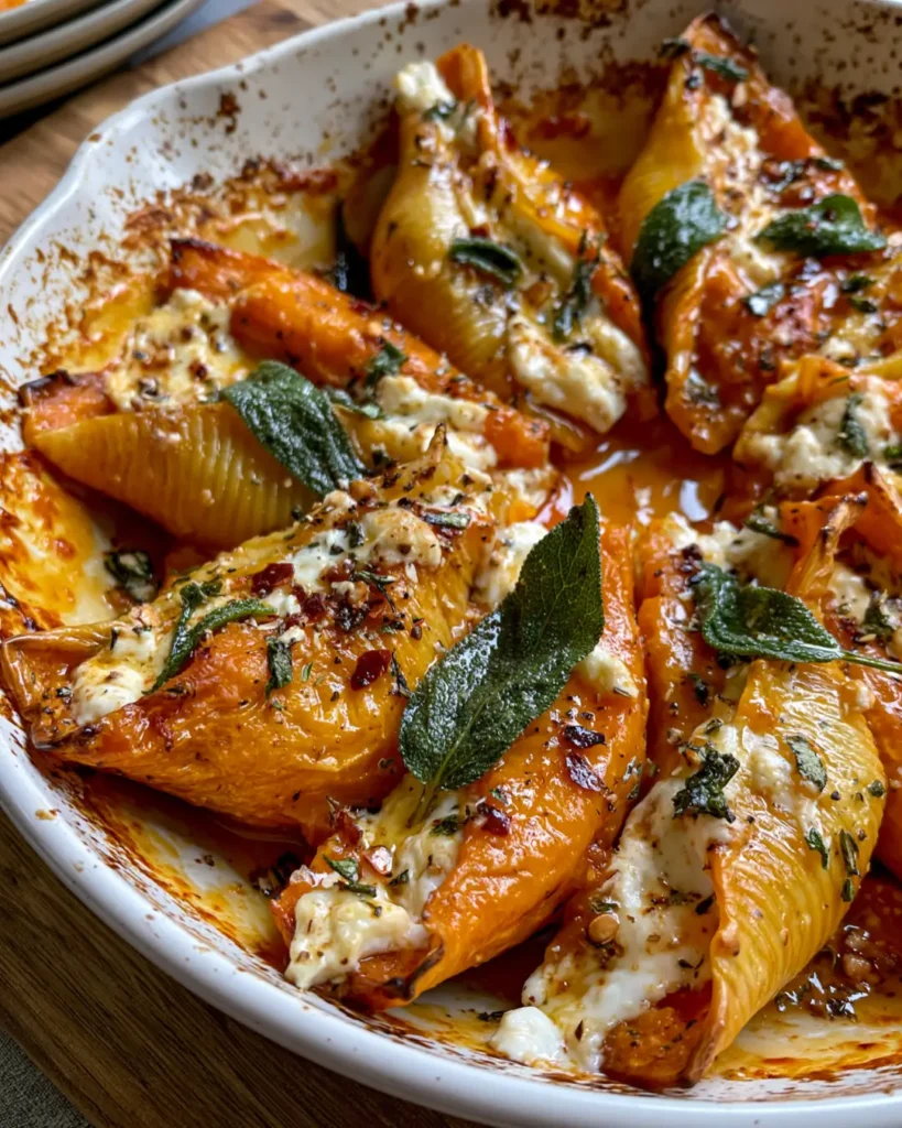Roasted Pumpkin Stuffed Shells with Whipped Ricotta, Burrata, Crispy Sage & Hot Honey