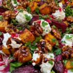 Roasted Pumpkin & Beetroot Salad with Creamy Goat Cheese, Candied Walnuts & Balsamic Glaze