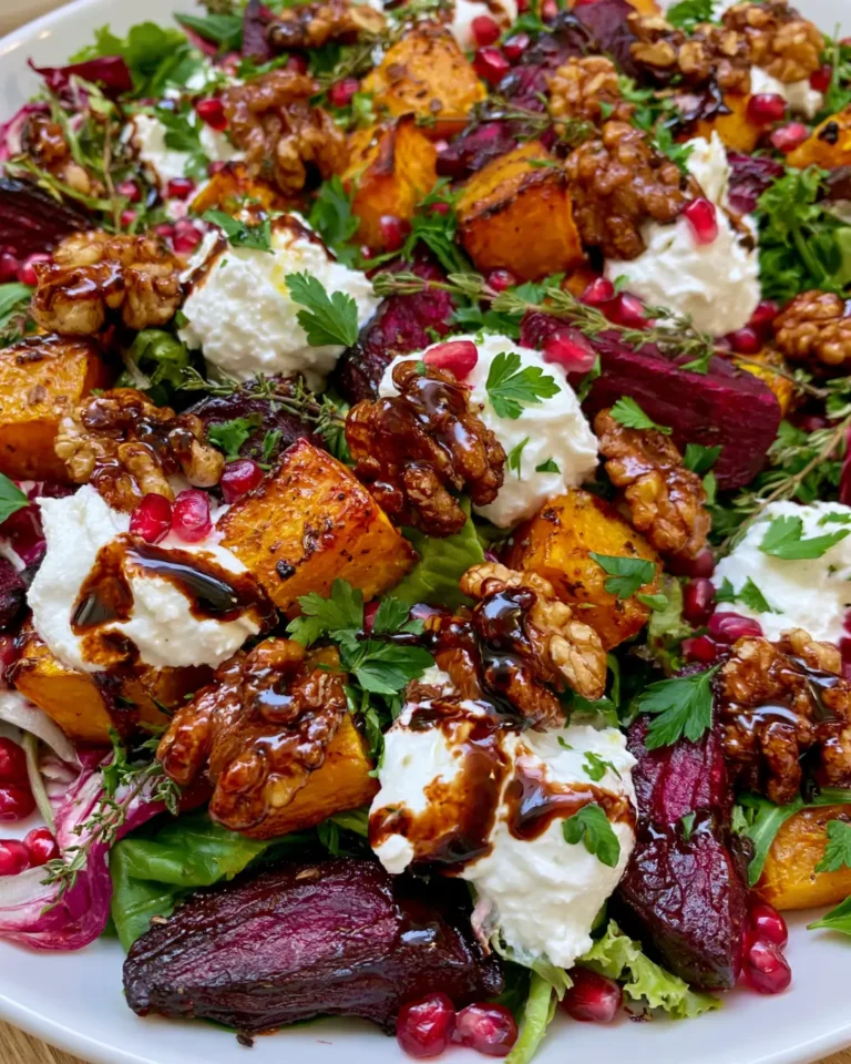 Roasted Pumpkin & Beetroot Salad with Creamy Goat Cheese, Candied Walnuts & Balsamic Glaze