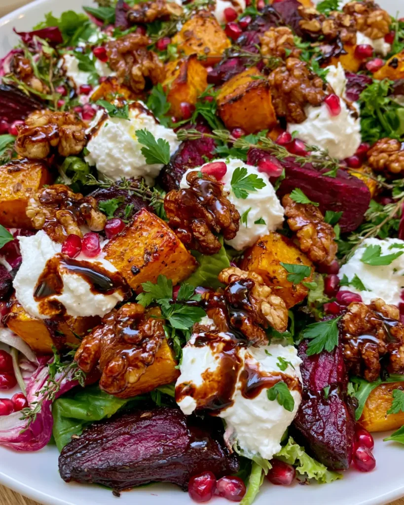 Roasted Pumpkin & Beetroot Salad with Creamy Goat Cheese, Candied Walnuts & Balsamic Glaze