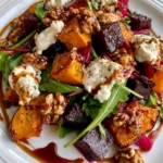 Roasted Pumpkin & Beetroot Salad with Creamy Goat Cheese, Candied Walnuts & Maple Balsamic