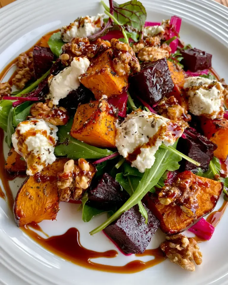 Roasted Pumpkin & Beetroot Salad with Creamy Goat Cheese, Candied Walnuts & Maple Balsamic