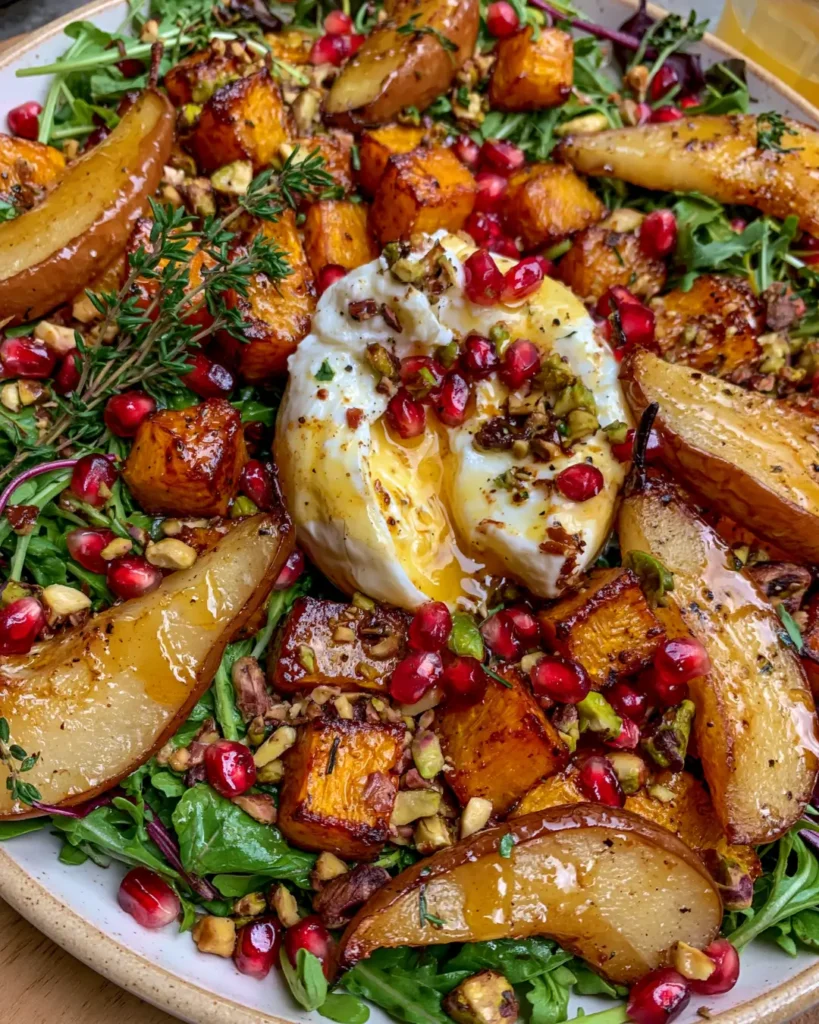 Roasted Pumpkin & Caramelized Pear Salad with Burrata, Pomegranate, Pistachios & Brown Butter Dressing