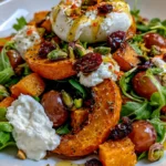 Roasted Pumpkin & Grape Salad with Burrata, Pistachios, Cranberries & Hot Honey