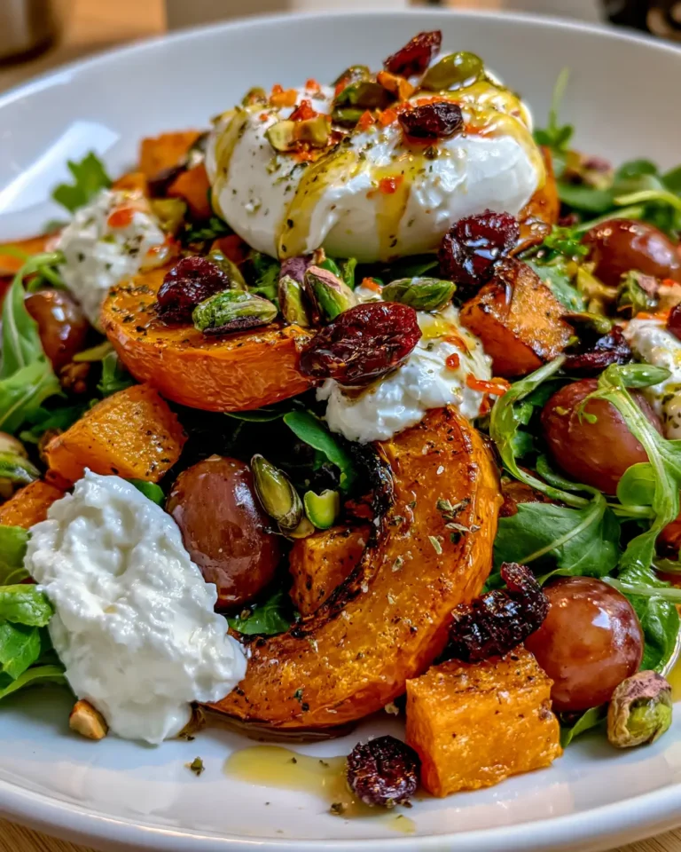 Roasted Pumpkin & Grape Salad with Burrata, Pistachios, Cranberries & Hot Honey