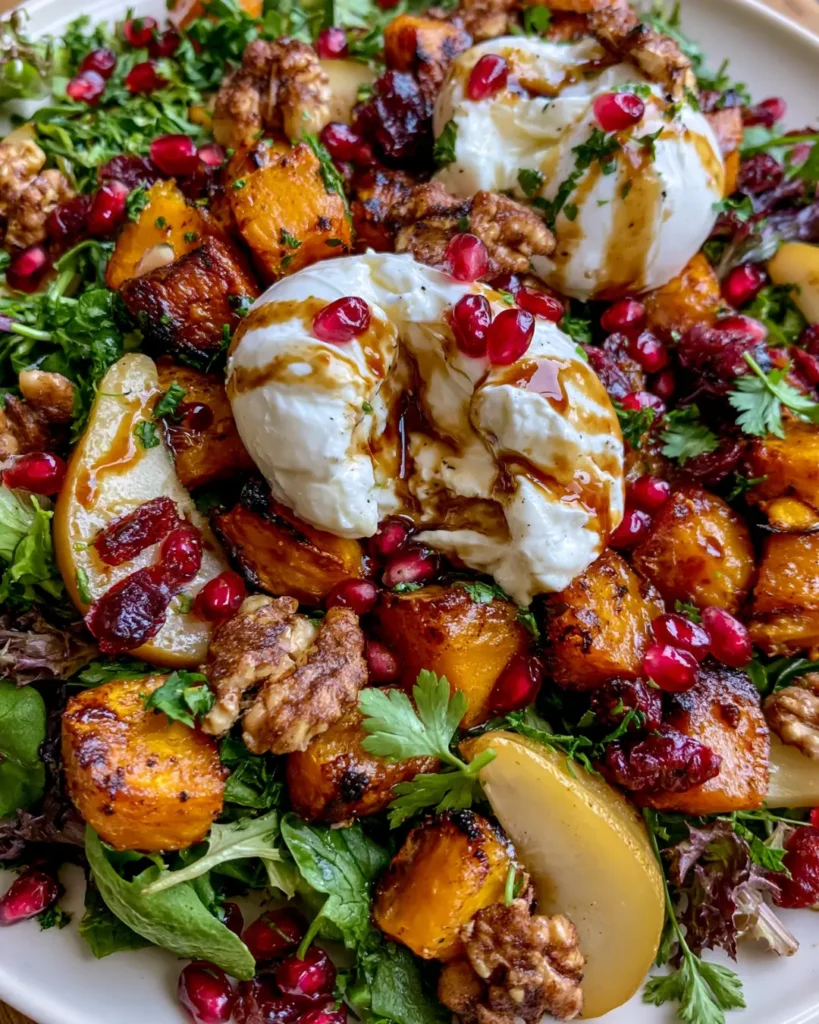 Roasted Pumpkin & Pear Salad with Burrata, Pomegranate, Candied Walnuts & Maple Balsamic