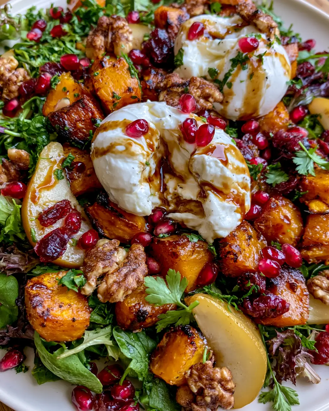 Roasted Pumpkin & Pear Salad with Burrata, Pomegranate, Candied Walnuts & Maple Balsamic