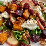 Roasted Sweet Potato & Beet Salad with Apple, Cranberries, Whipped Feta & Hot Honey Walnuts