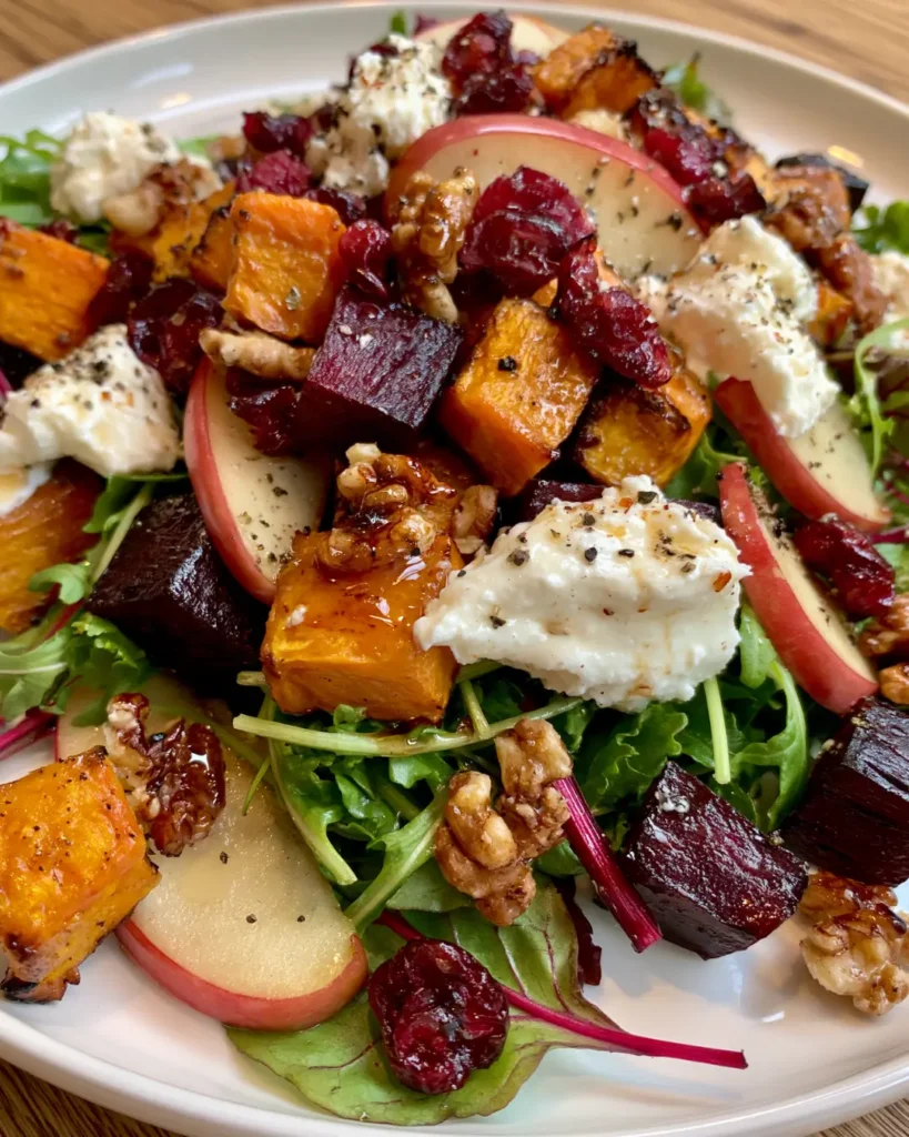 Roasted Sweet Potato & Beet Salad with Apple, Cranberries, Whipped Feta & Hot Honey Walnuts