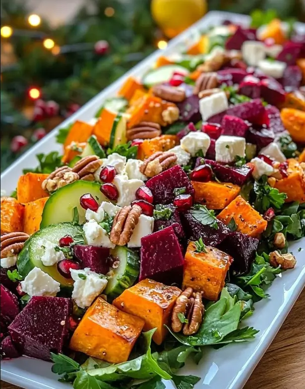 Roasted Sweet Potato & Beet Salad with Feta, Pecans & Pomegranate