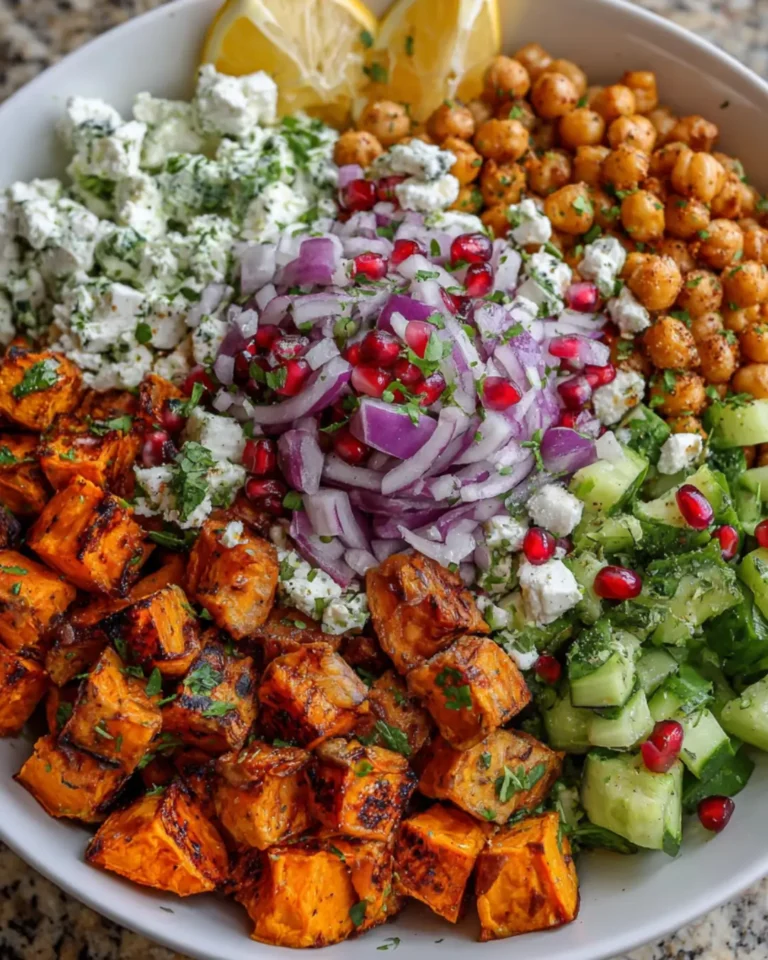 Roasted Sweet Potato & Chickpea Salad with Feta, Cucumber & Red Onion