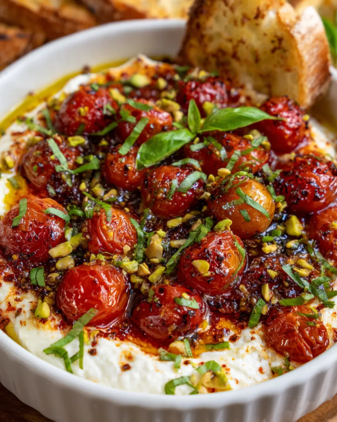 Roasted Tomato & Burrata Dip with Chilli Honey, Basil & Crunchy Pistachios