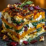Savory Sweet Potato & Butternut Lasagna Stack with Feta, Spinach, Walnuts, Sage Brown Butter & Cranberries