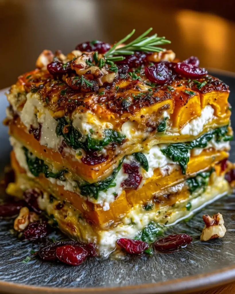 Savory Sweet Potato & Butternut Lasagna Stack with Feta, Spinach, Walnuts, Sage Brown Butter & Cranberries