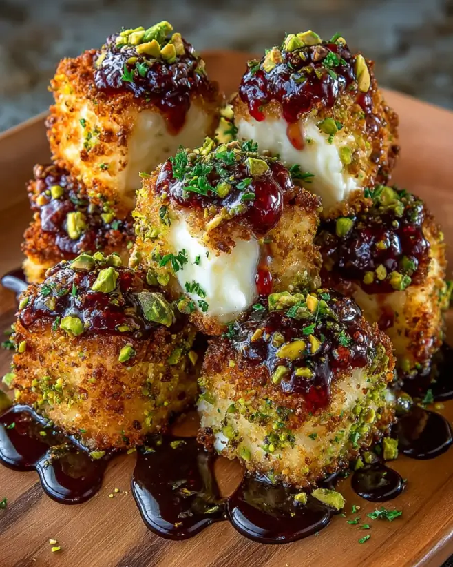 Pistachio-Crusted Brie Bites with Raspberry Honey Glaze