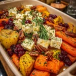 Carrot, Pumpkin & Sweet Potato Bake with Feta, Pecans & Maple Cranberry Drizzle