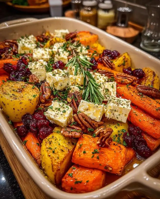 Carrot, Pumpkin & Sweet Potato Bake with Feta, Pecans & Maple Cranberry Drizzle