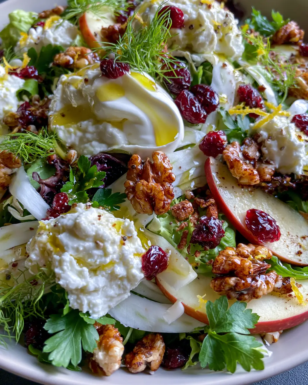 Shaved Fennel & Apple Salad with Whipped Feta, Cranberries & Candied Walnuts