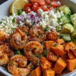 Spicy Garlic Shrimp & Roasted Sweet Potato Bowl