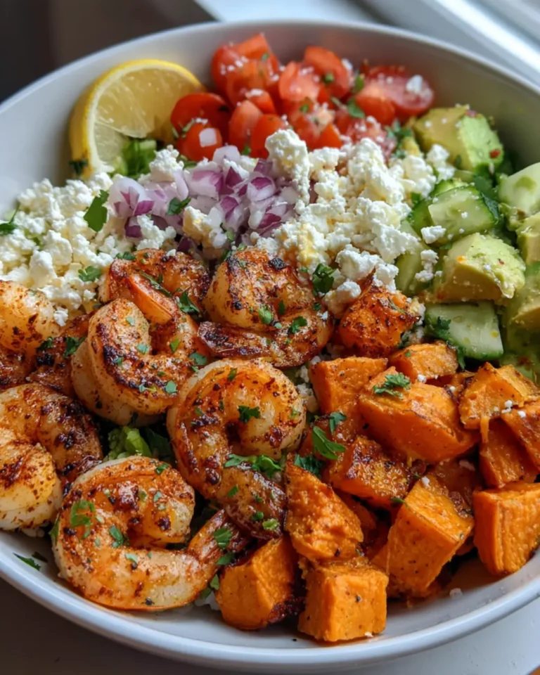 Spicy Garlic Shrimp & Roasted Sweet Potato Bowl