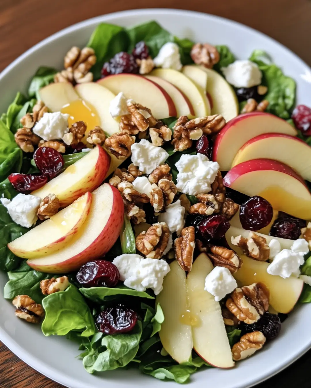 Spinach, Apple, Cranberry & Walnut Salad with Feta and Honey Lemon Dressing
