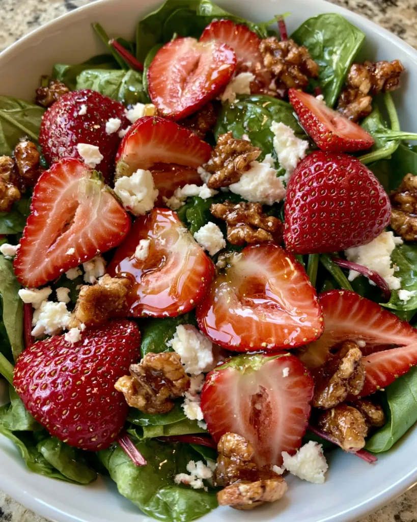 Strawberry Feta Crunch Salad with Spinach, Candied Walnuts & Hot Honey