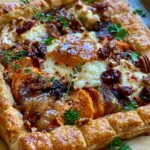 Sweet Potato Puff Pastry Tart with Brie, Cranberries, Caramelized Onion & Hot Honey
