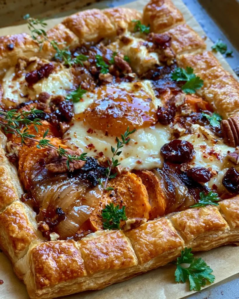 Sweet Potato Puff Pastry Tart with Brie, Cranberries, Caramelized Onion & Hot Honey