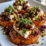 Sweet Potato Rounds with Brie, Cranberry-Honey Glaze & Pistachio Crunch