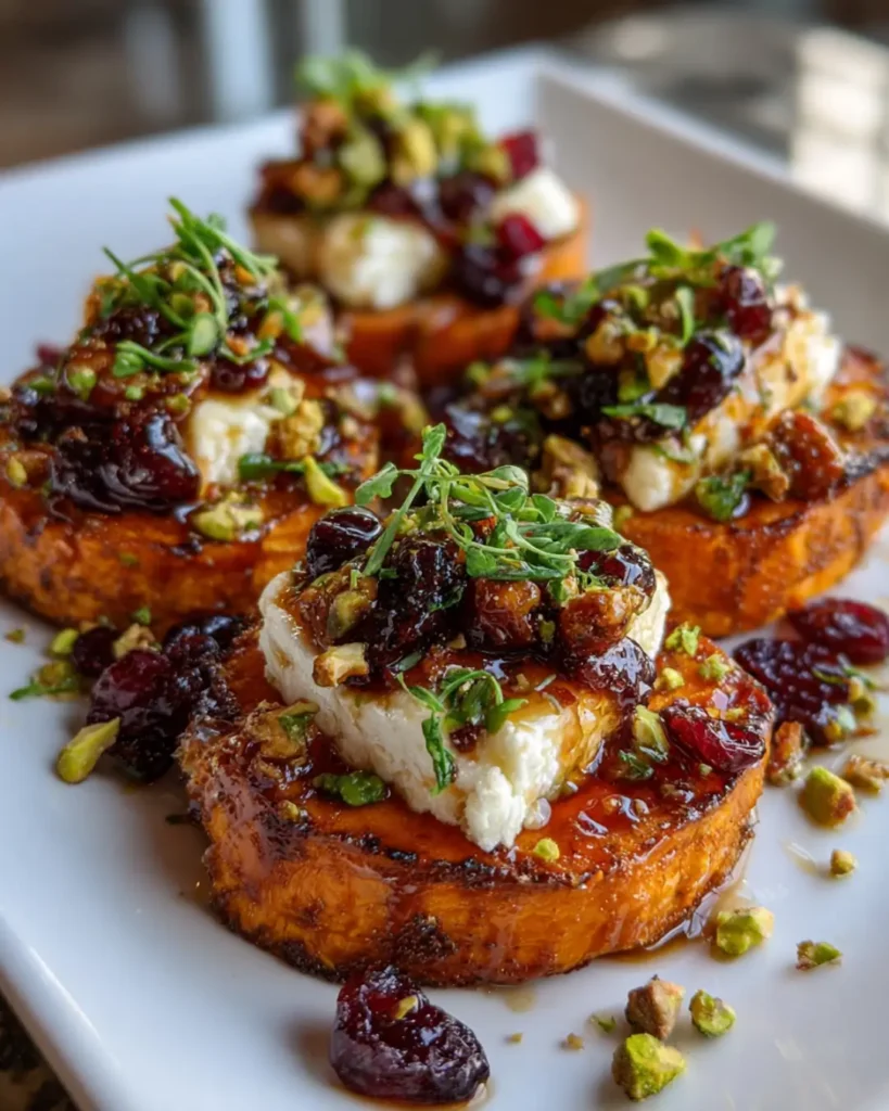 Sweet Potato Rounds with Brie, Cranberry-Honey Glaze & Pistachio Crunch
