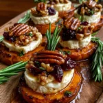 Sweet Potato Rounds with Brie, Cranberry & Toasted Pecans with Hot Honey Drizzle