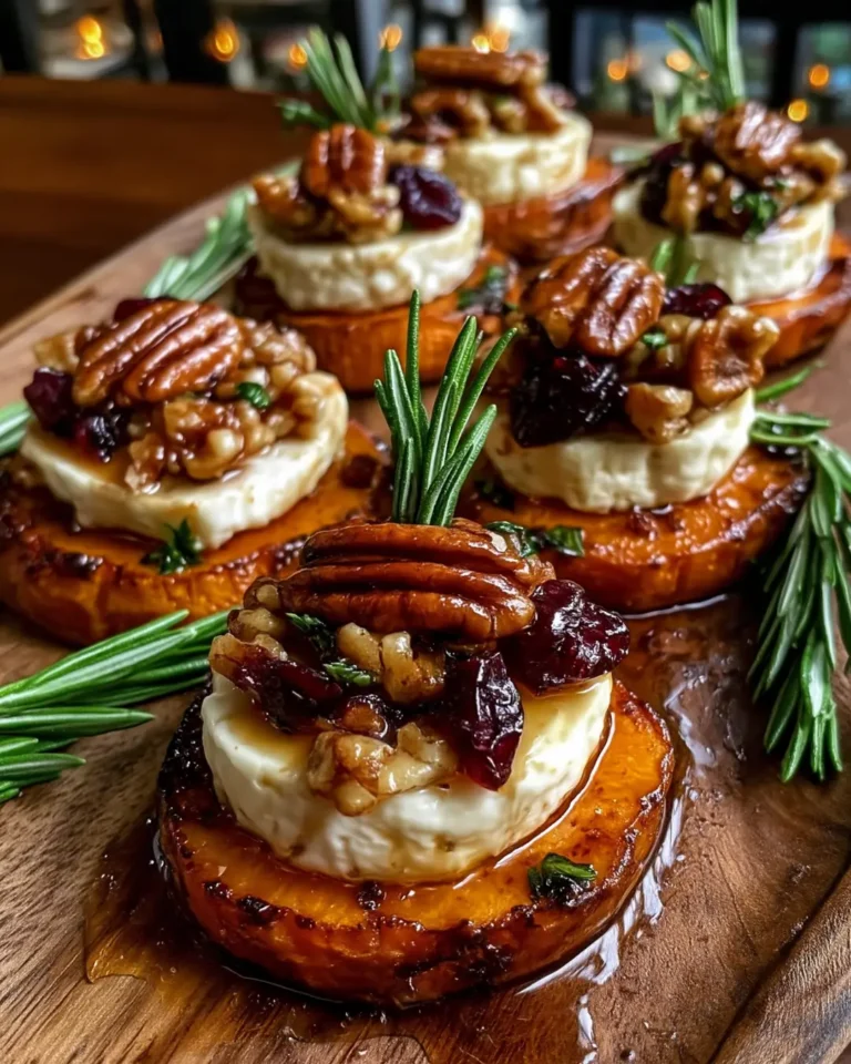 Sweet Potato Rounds with Brie, Cranberry & Toasted Pecans with Hot Honey Drizzle