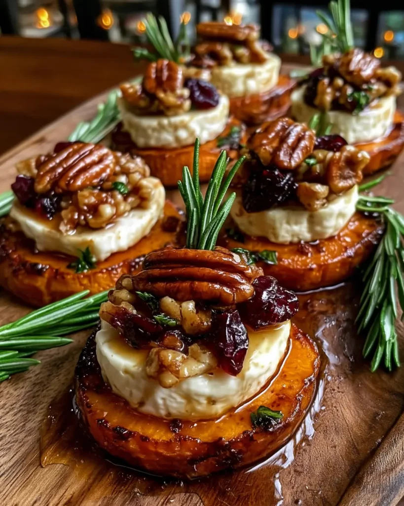 Sweet Potato Rounds with Brie, Cranberry & Toasted Pecans with Hot Honey Drizzle
