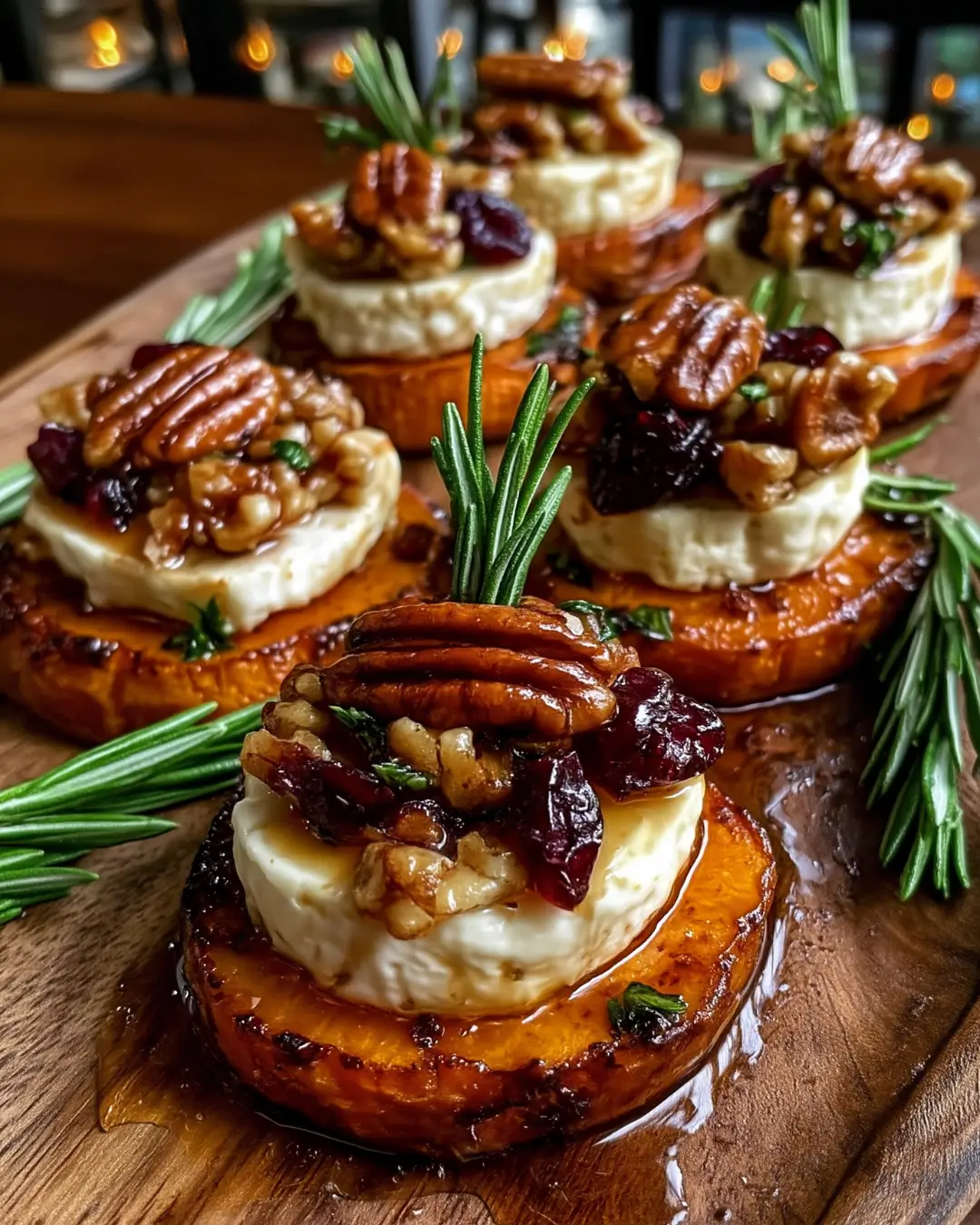 Sweet Potato Rounds with Brie, Cranberry & Toasted Pecans with Hot Honey Drizzle