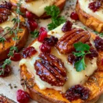 Sweet Potato Rounds with Brie, Cranberry, and Hot Honey Pecans