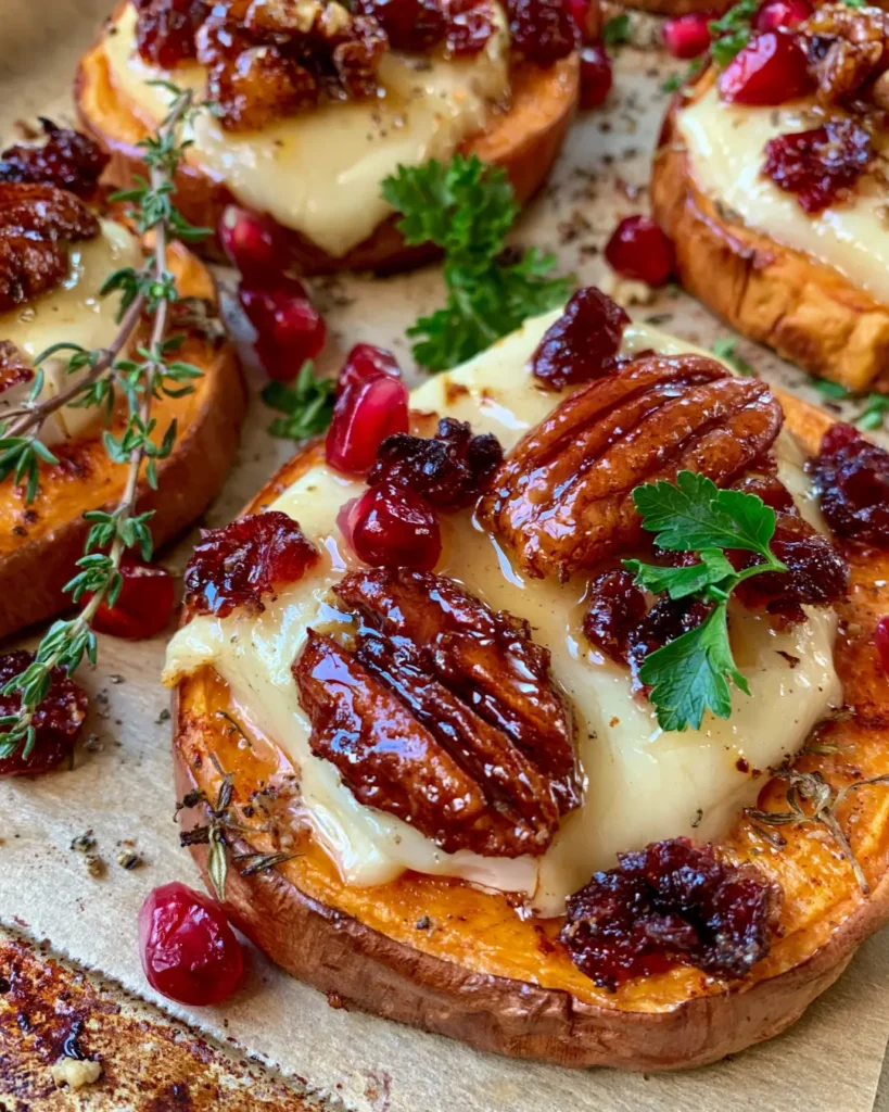 Sweet Potato Rounds with Brie, Cranberry, and Hot Honey Pecans
