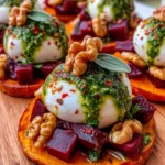 Sweet Potato Rounds with Burrata, Roasted Beets, and Walnut Sage Pesto