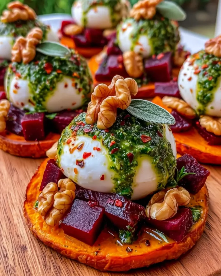 Sweet Potato Rounds with Burrata, Roasted Beets, and Walnut Sage Pesto