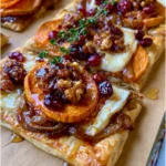 Sweet Potato & Caramelized Onion Tart with Brie, Cranberries & Walnut Honey Crunch