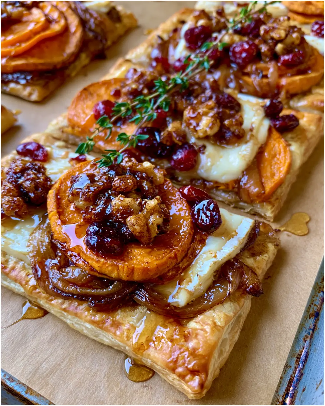 Sweet Potato & Caramelized Onion Tart with Brie, Cranberries & Walnut Honey Crunch