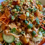 Thai Crunch Pumpkin & Squash Salad with Crispy Chickpeas, Cucumber, Carrots & Creamy Peanut Dressing