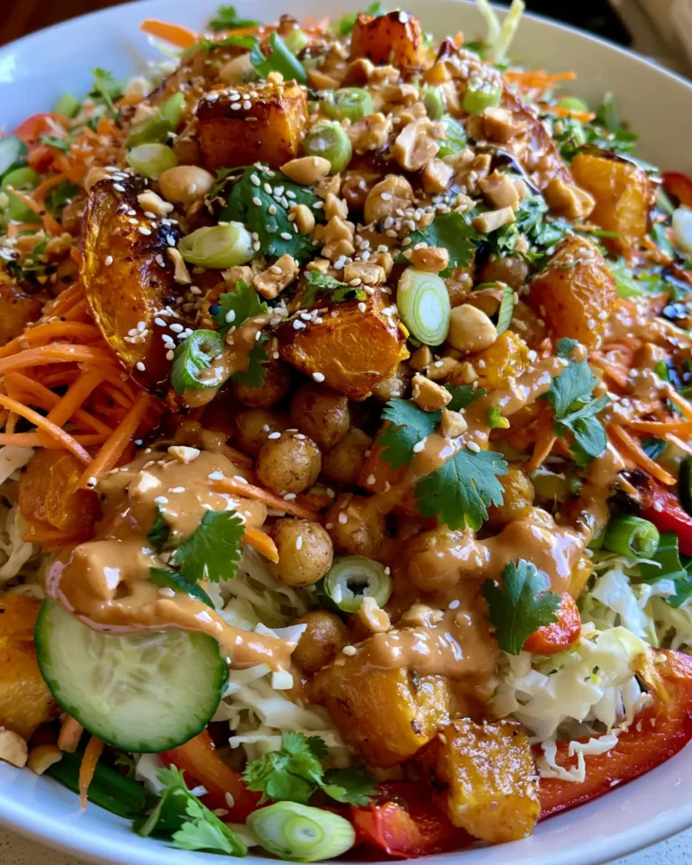 Thai Crunch Pumpkin & Squash Salad with Crispy Chickpeas, Cucumber, Carrots & Creamy Peanut Dressing